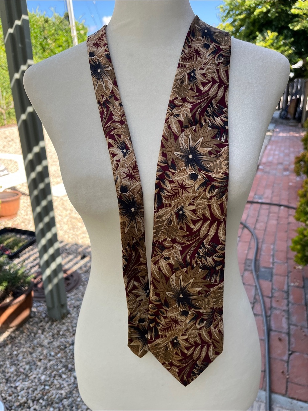 Vintage Silk Tie London Floral Pattern Burgundy and Gold Tie